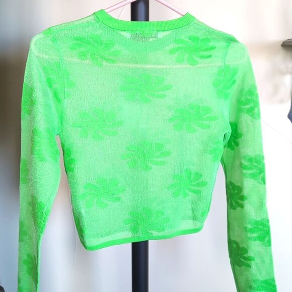 ZARA Mesh Floral Knit Metallic Effect Long Sleeve Neon Green 💚 Top NWT - Picture 4 of 11